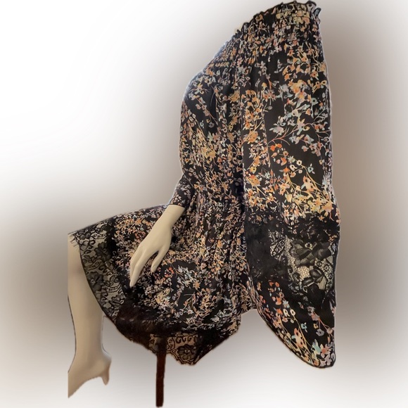 Silky Black Floral Dress, Lace Detail, On/Off Shoulder, 3/4 Sleeves, Sz Med, EUC - Picture 4 of 12